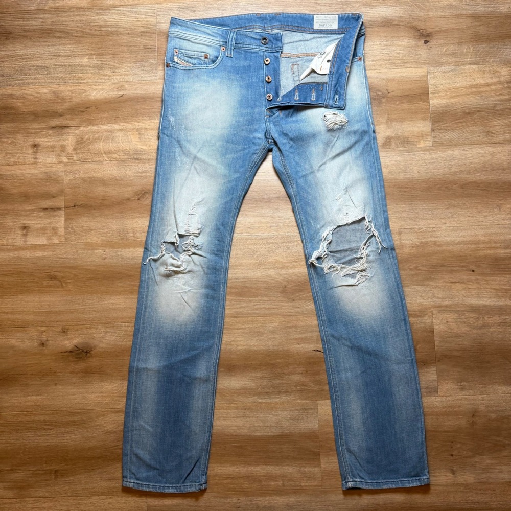 Diesel Safado Jeans Mens 31x30 Light Blue Ripped Distressed Slim Straight 0854V